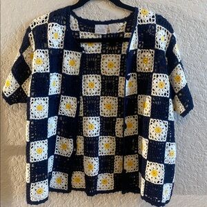Fiorlini International Crochet Checkerboard Cardigan with Daisies Size M Womens